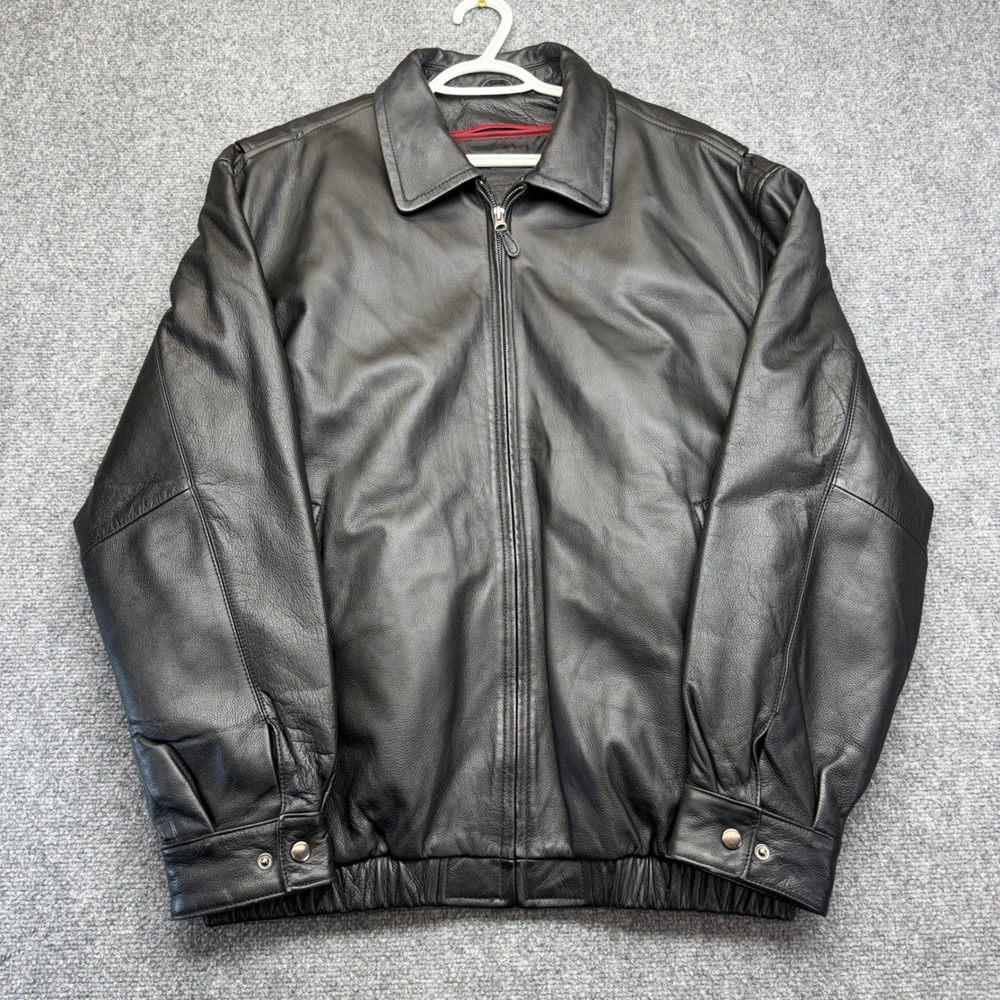 St Johns Bay Mens Black Leather Bomber Jacket Large Tall LT Quilted Lined Zip